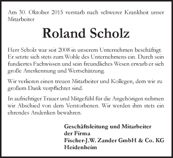 Traueranzeige von Roland Scholz von Schwäbische Post