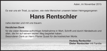 Traueranzeige von Hans Rentschler von Schwäbische Post