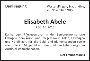 Traueranzeige von Elisabeth Abele von Schwäbische Post