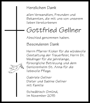 Traueranzeige von Gottfried Gellner von Gmünder Tagespost