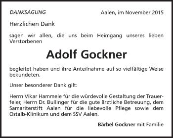 Traueranzeige von Adolf Gockner von Schwäbische Post