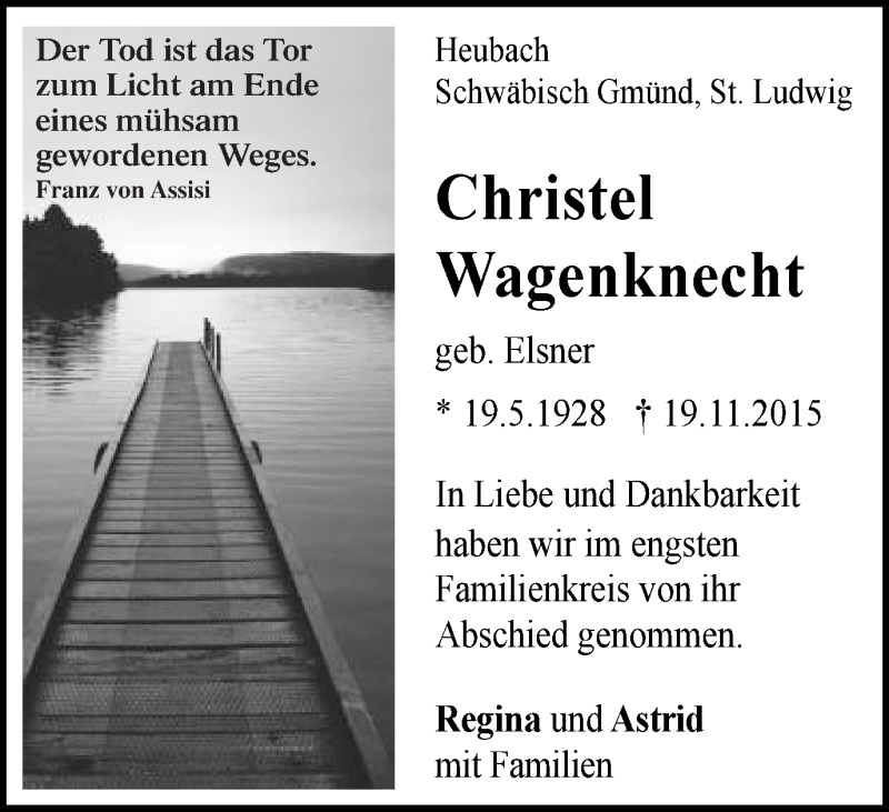  Traueranzeige für Christel Wagenknecht vom 28.11.2015 aus Gmünder Tagespost