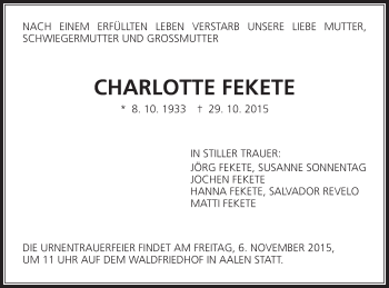 Traueranzeige von Charlotte Fekete von Schwäbische Post
