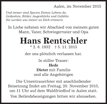 Traueranzeige von Hans Rentschler von Schwäbische Post