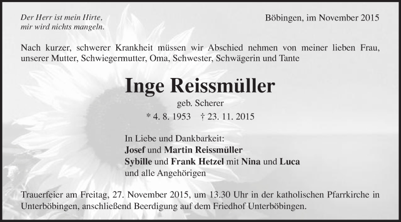  Traueranzeige für Inge Reissmüller vom 25.11.2015 aus Gmünder Tagespost