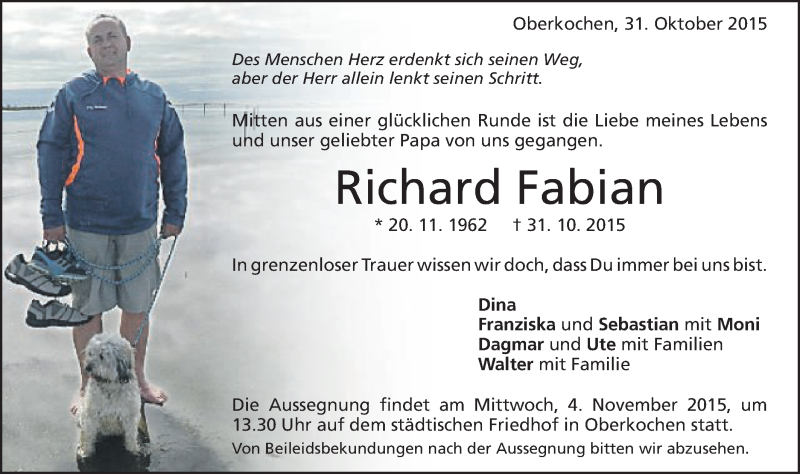  Traueranzeige für Richard Fabian vom 03.11.2015 aus Schwäbische Post