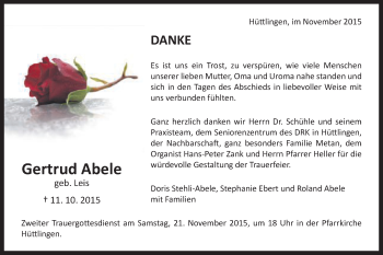 Traueranzeige von Gertrud Abele von Schwäbische Post