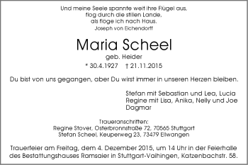 Traueranzeige von Maria Scheel von Schwäbische Post