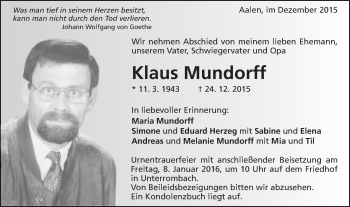 Traueranzeige von Klaus Mundorff von Schwäbische Post