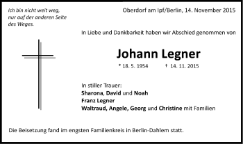Traueranzeige von Johann Legner von Schwäbische Post