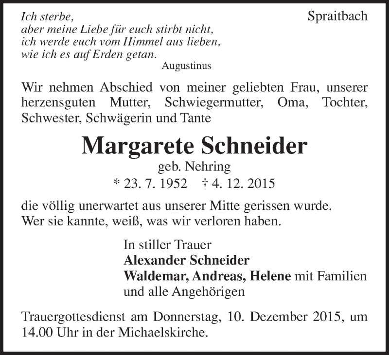  Traueranzeige für Margarete Schneider vom 08.12.2015 aus Gmünder Tagespost