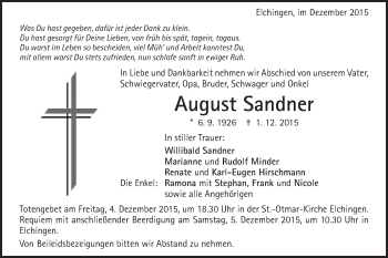 Traueranzeige von August Sandner von Schwäbische Post