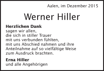Traueranzeige von Werner Hiller von Schwäbische Post