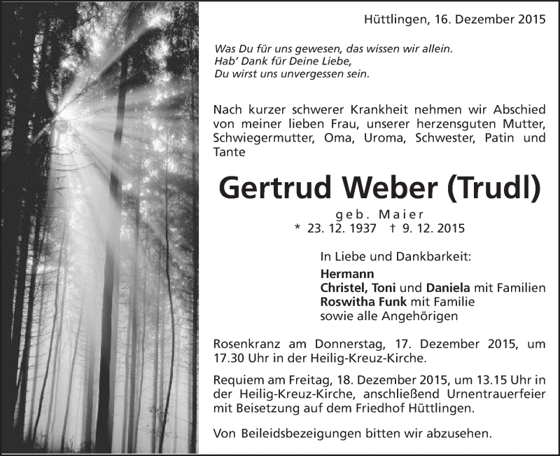  Traueranzeige für Gertrud Weber vom 16.12.2015 aus Schwäbische Post