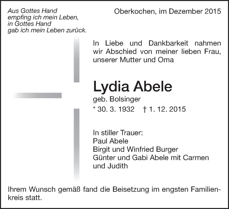  Traueranzeige für Lydia Abele vom 10.12.2015 aus Schwäbische Post
