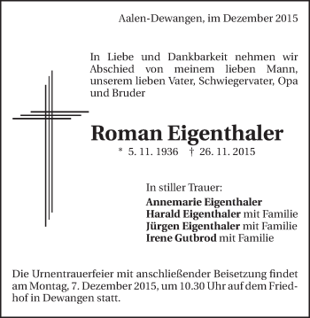 Traueranzeige von Roman Eigenthaler von Schwäbische Post