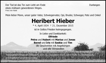Traueranzeige von Heribert Hieber von Gmünder Tagespost