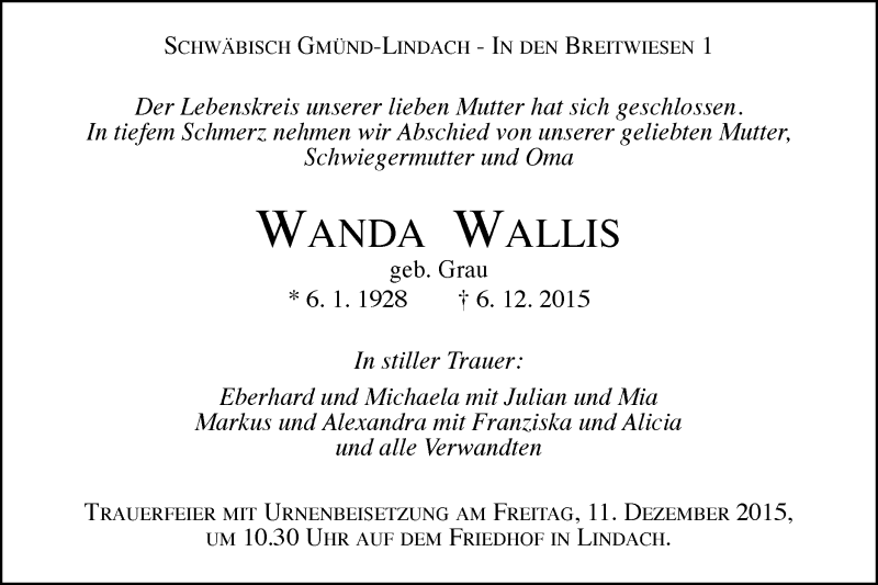  Traueranzeige für Wanda Wallis vom 08.12.2015 aus Gmünder Tagespost