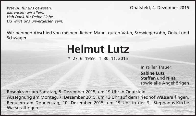  Traueranzeige für Helmut Lutz vom 04.12.2015 aus Schwäbische Post