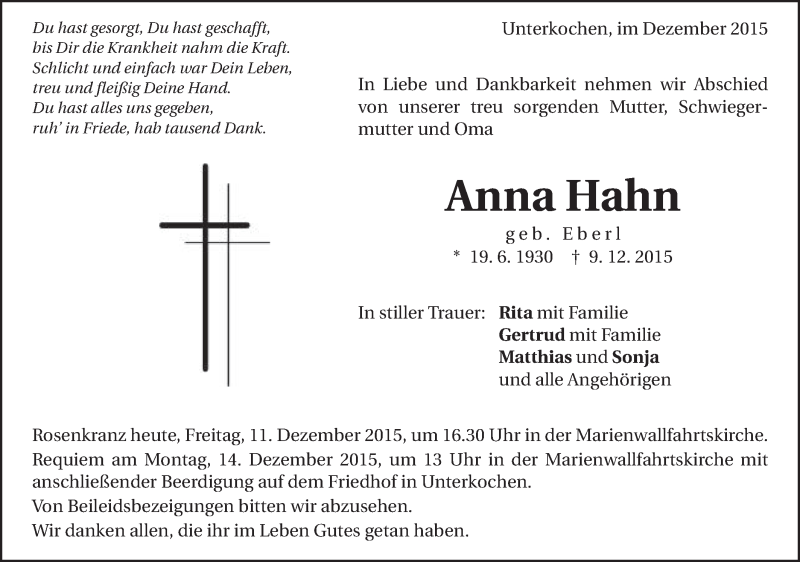  Traueranzeige für Anna Hahn vom 11.12.2015 aus Schwäbische Post