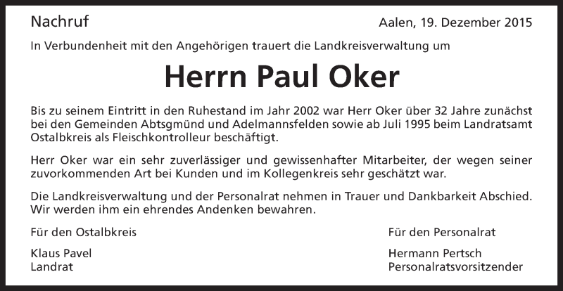  Traueranzeige für Paul Oker vom 19.12.2015 aus Schwäbische Post
