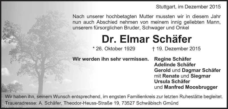  Traueranzeige für Elmar Schäfer vom 31.12.2015 aus Gmünder Tagespost