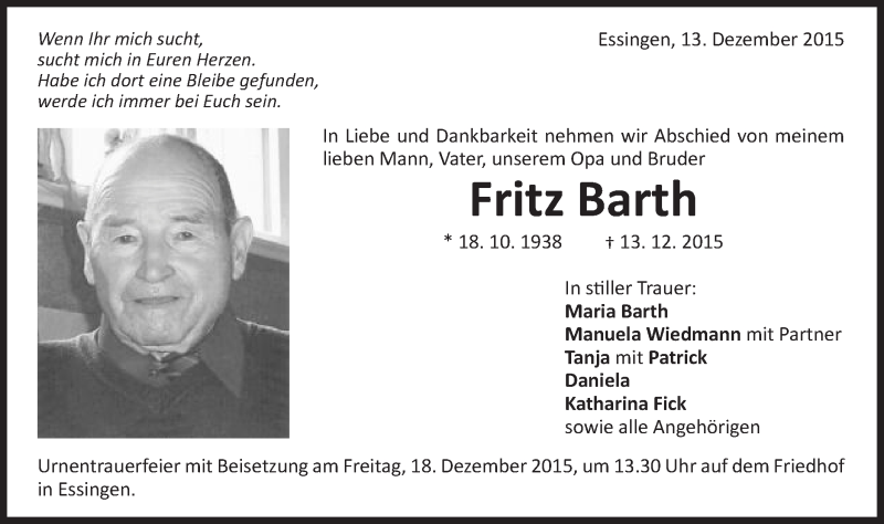  Traueranzeige für Fritz Barth vom 16.12.2015 aus Schwäbische Post