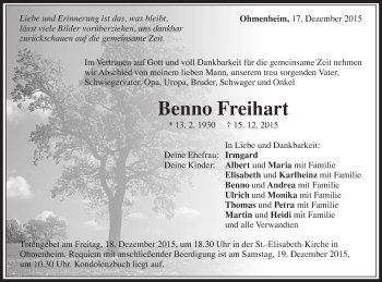 Traueranzeige von Benno Freihart von Schwäbische Post