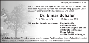Traueranzeige von Elmar Schäfer von Gmünder Tagespost