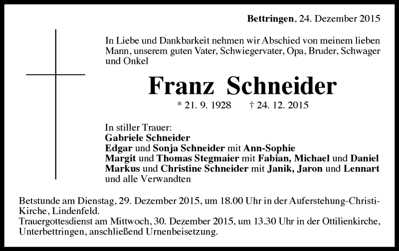  Traueranzeige für Franz Schneider vom 28.12.2015 aus Gmünder Tagespost