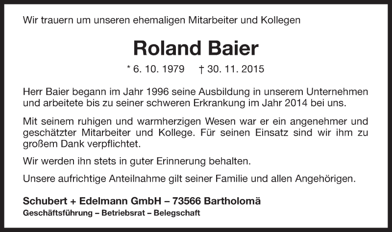  Traueranzeige für Roland Baier vom 04.12.2015 aus Gmünder Tagespost