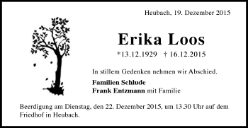 Traueranzeige von Erika Loos von Gmünder Tagespost