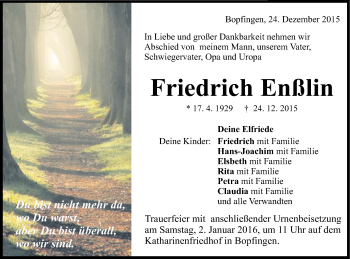 Traueranzeige von Friedrich Enßlin von Schwäbische Post