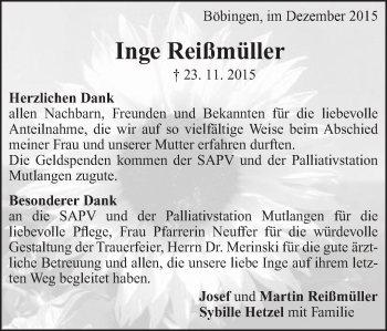 Traueranzeige von Inge Reißmüller von Gmünder Tagespost