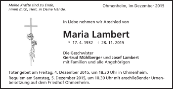 Traueranzeige von Maria Lambert von Schwäbische Post