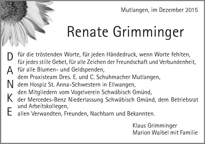  Traueranzeige für Renate Grimminger vom 19.12.2015 aus Gmünder Tagespost