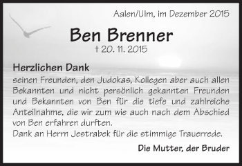 Traueranzeige von Ben Brenner von Schwäbische Post