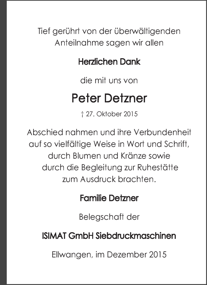 Traueranzeige für Peter Detzner vom 03.12.2015 aus Schwäbische Post