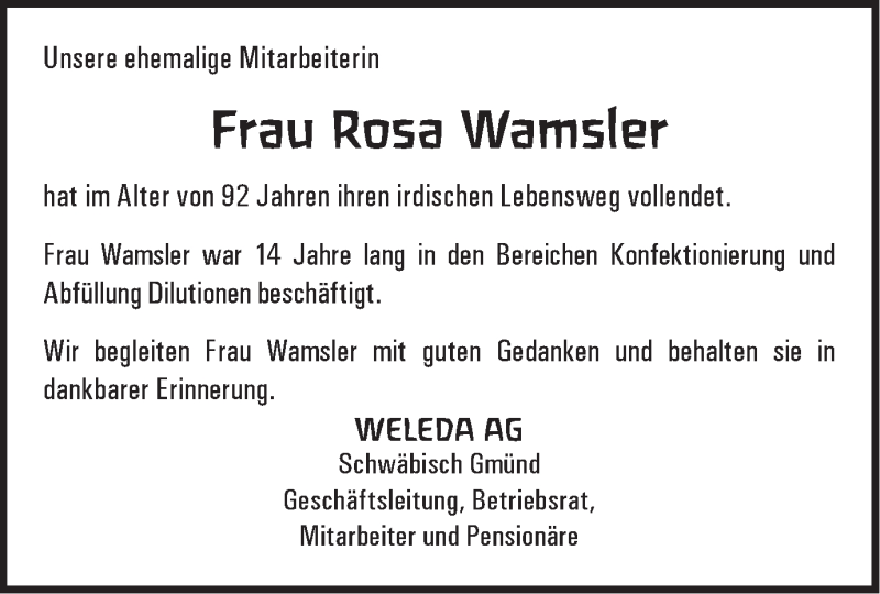  Traueranzeige für Rosa Wamsler vom 10.12.2015 aus Gmünder Tagespost