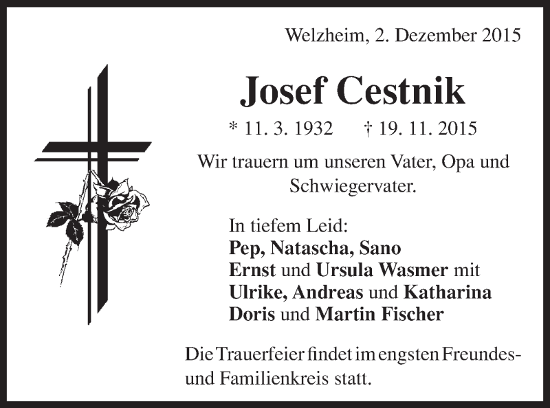 Traueranzeige für Josef Cestnik vom 02.12.2015 aus Schwäbische Post