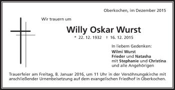 Traueranzeige von Willy Oskar Wurst von Schwäbische Post