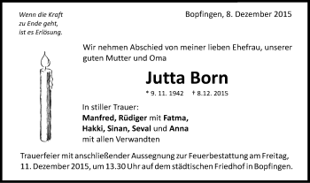 Traueranzeige von Jutta Born von Schwäbische Post