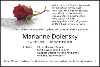 Traueranzeige von Marianne Dolensky von Schwäbische Post