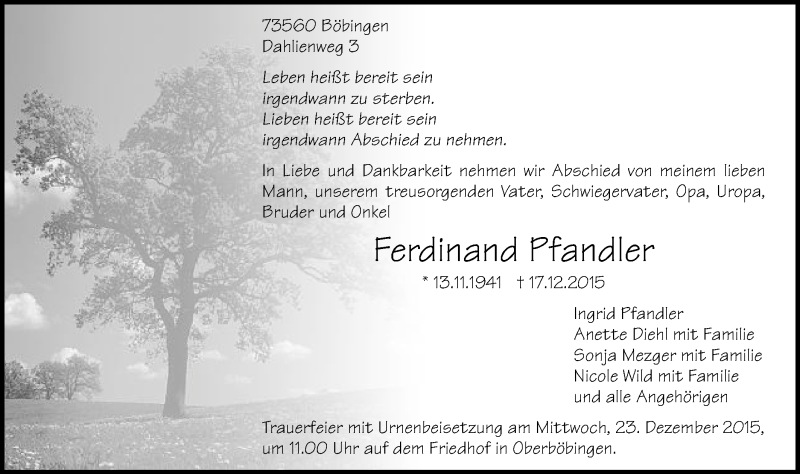  Traueranzeige für Ferdinand Pfandler vom 19.12.2015 aus Gmünder Tagespost