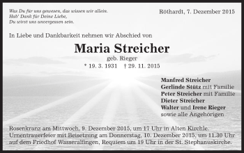 Traueranzeige von Maria Streicher von Schwäbische Post