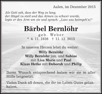 Traueranzeige von Bärbel Bernlöhr von Schwäbische Post