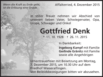 Traueranzeige von Gottfried Denk von Schwäbische Post