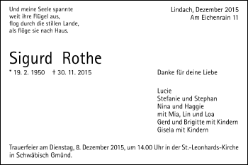 Traueranzeige von Sigurd Rothe von Gmünder Tagespost