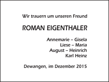 Traueranzeige von Roman Eigenthaler von Schwäbische Post