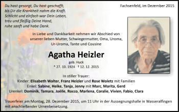 Traueranzeige von Agatha Heizler von Schwäbische Post